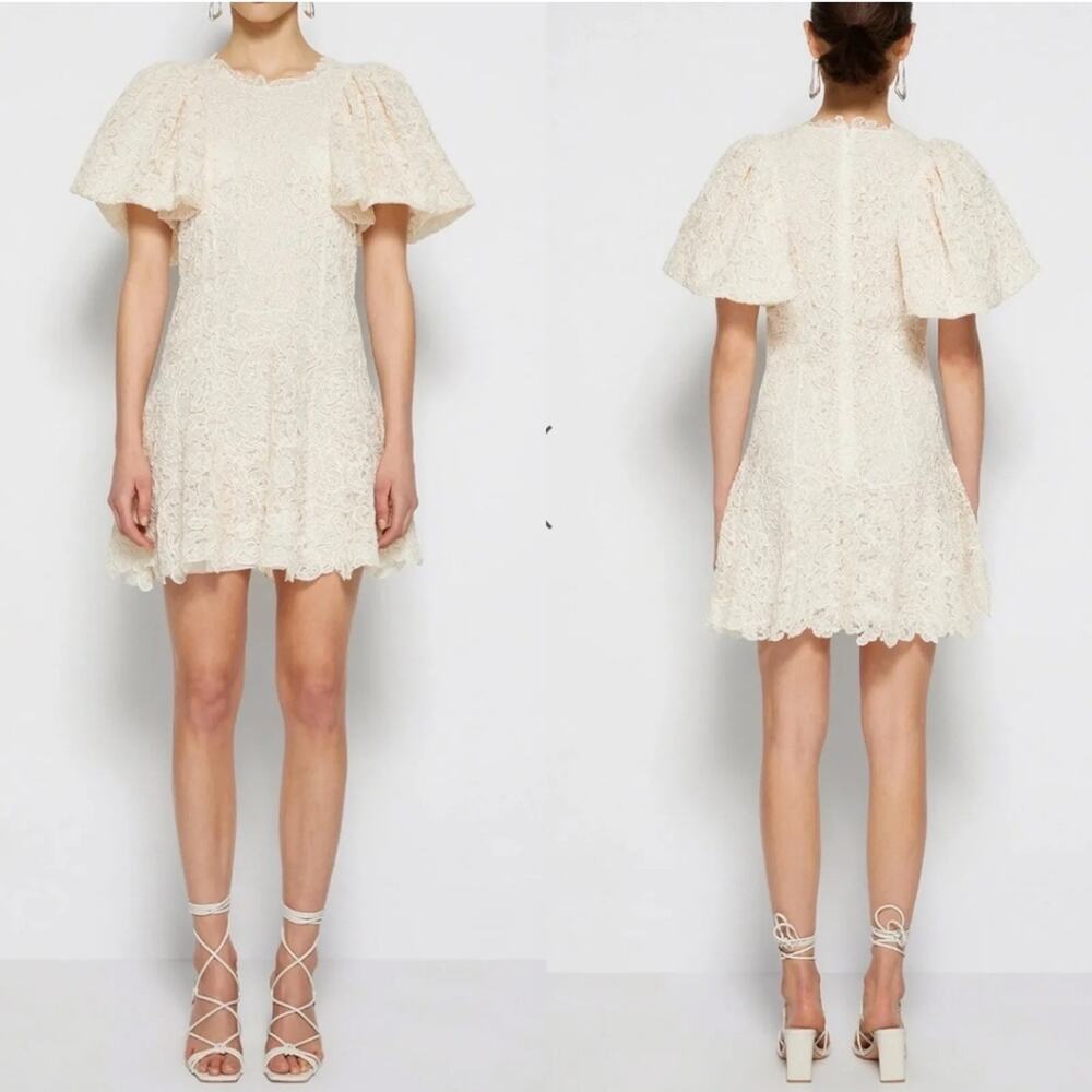 NWT Jonathan Simkhai Gigi Lace Puff Sleeve Mini Dress Almond Cream Size 4